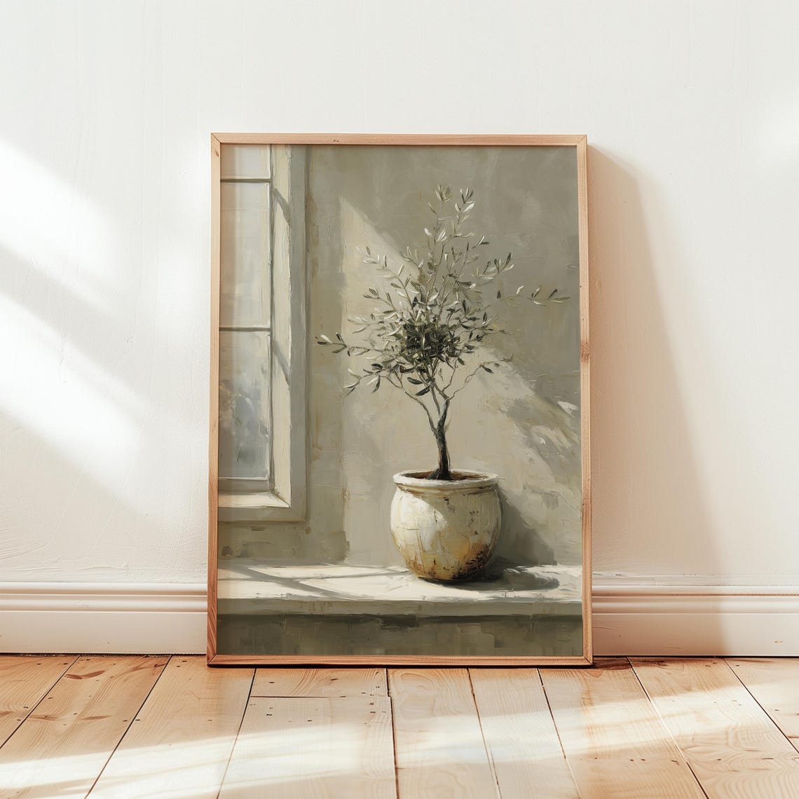Potted Olive Tree Sunlit Window Rustic Neutral Botanical Poster