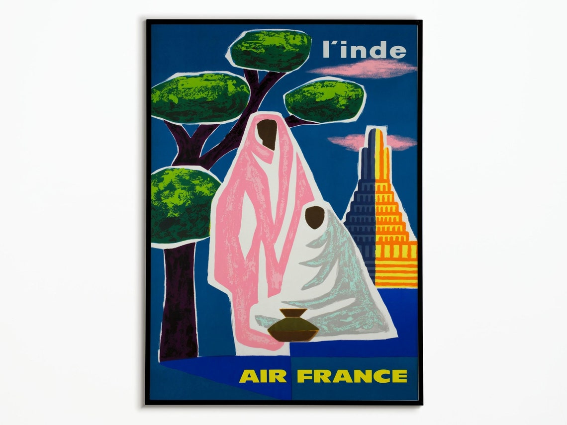 Vintage Air Travel Poster France India Travel Poster Air France India Interior Design Print Poster