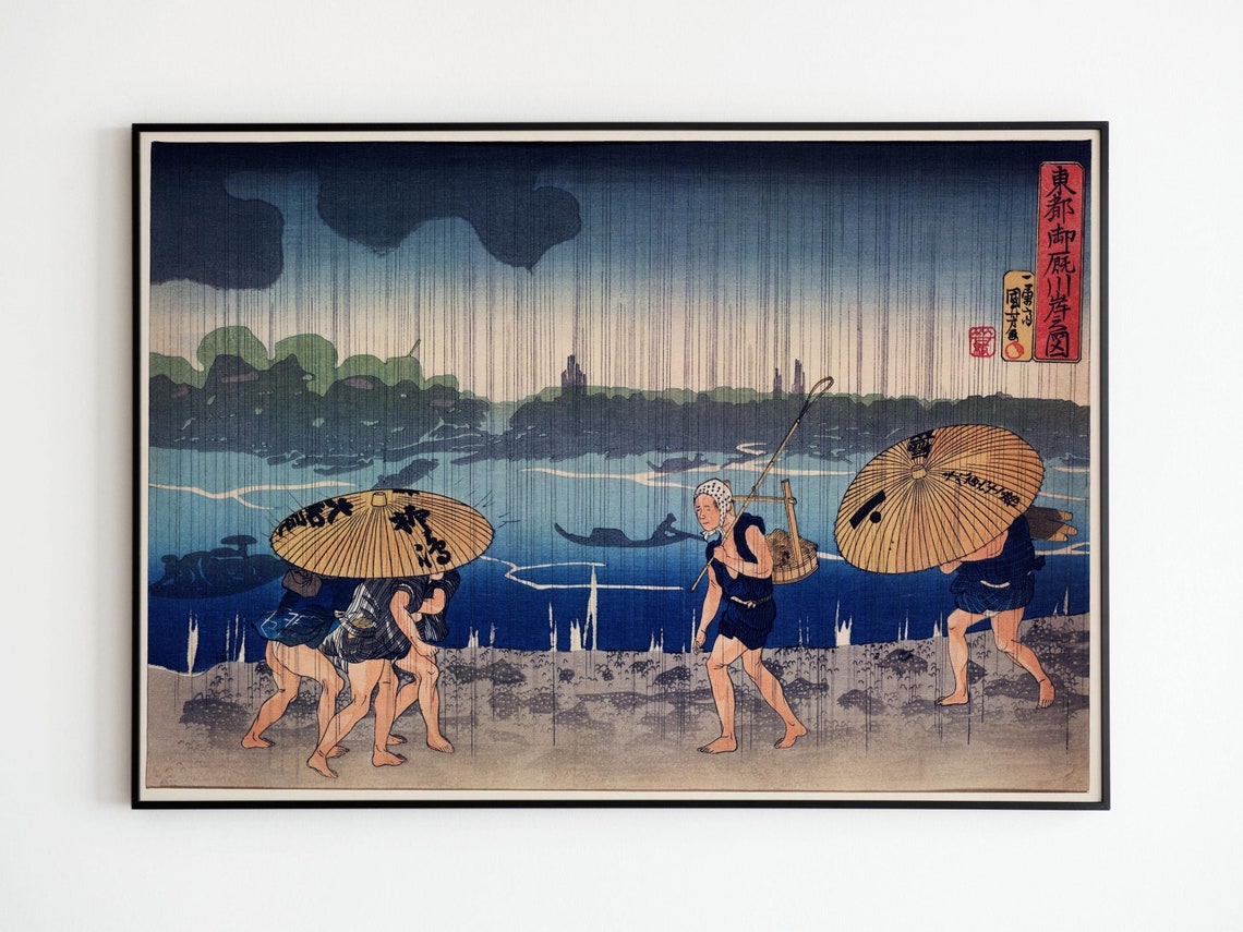 Umbrella Vendors in Sudden Evening Shower Japanese Woodblock Poster