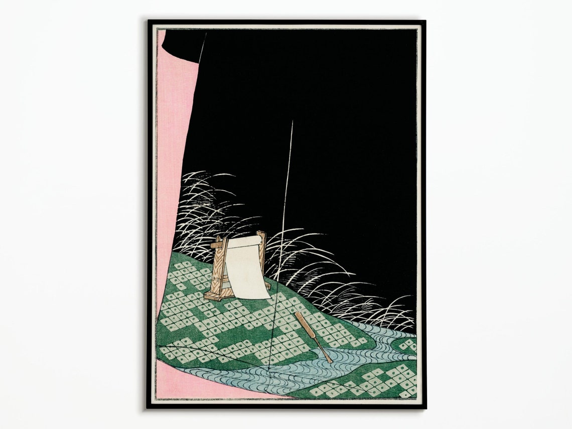 Black Kimono Pampas Grass Night Japanese Textile Woodblock Poster