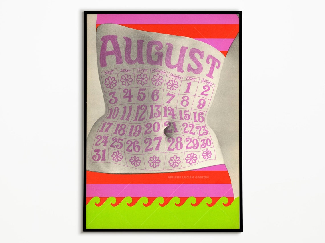 August Calendar Torso Retro Pink Typography Seventies Poster Art