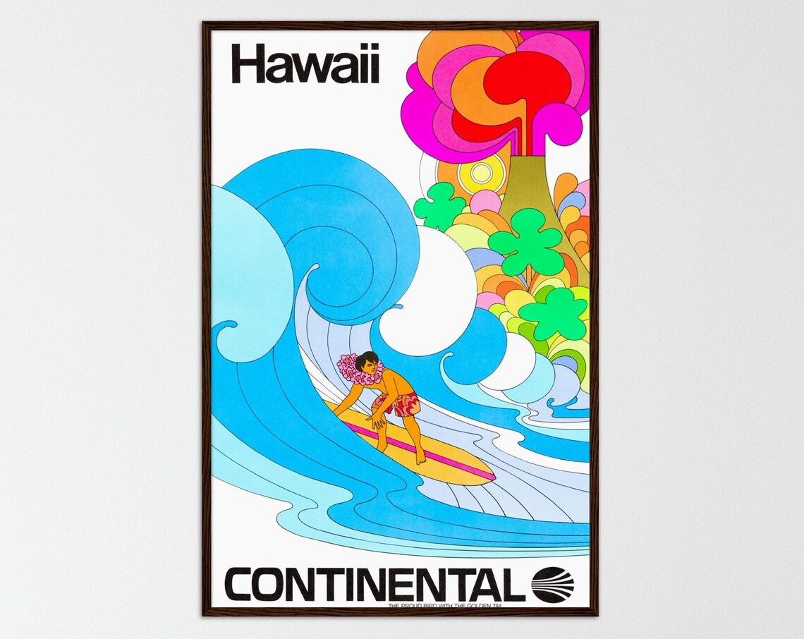 Hawaii Travel Poster, Retro Vintage Coastal Surf