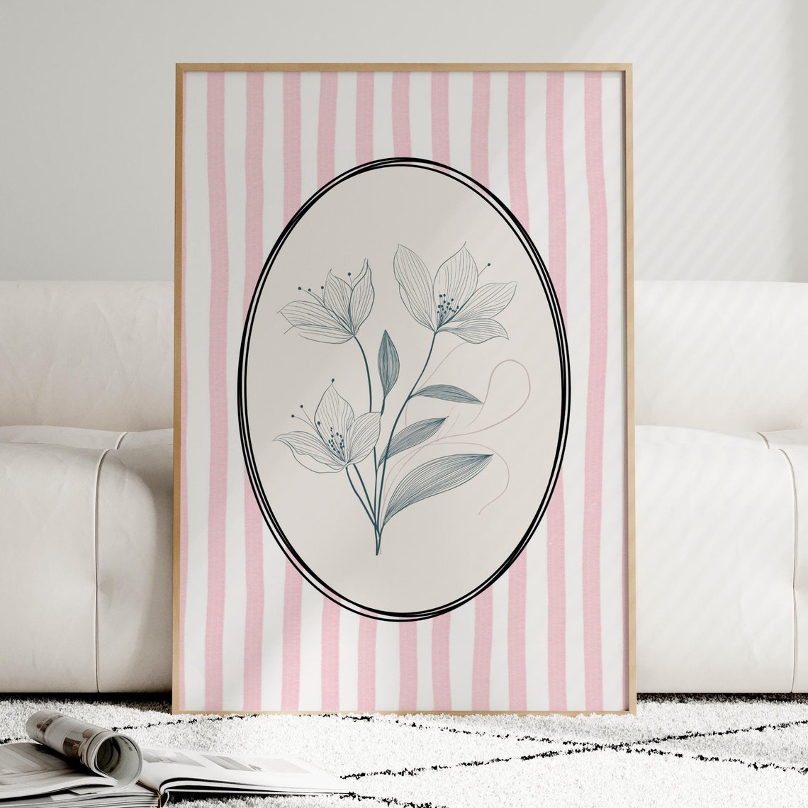 Vintage Pink Striped Floral Nursery Decor Art Print