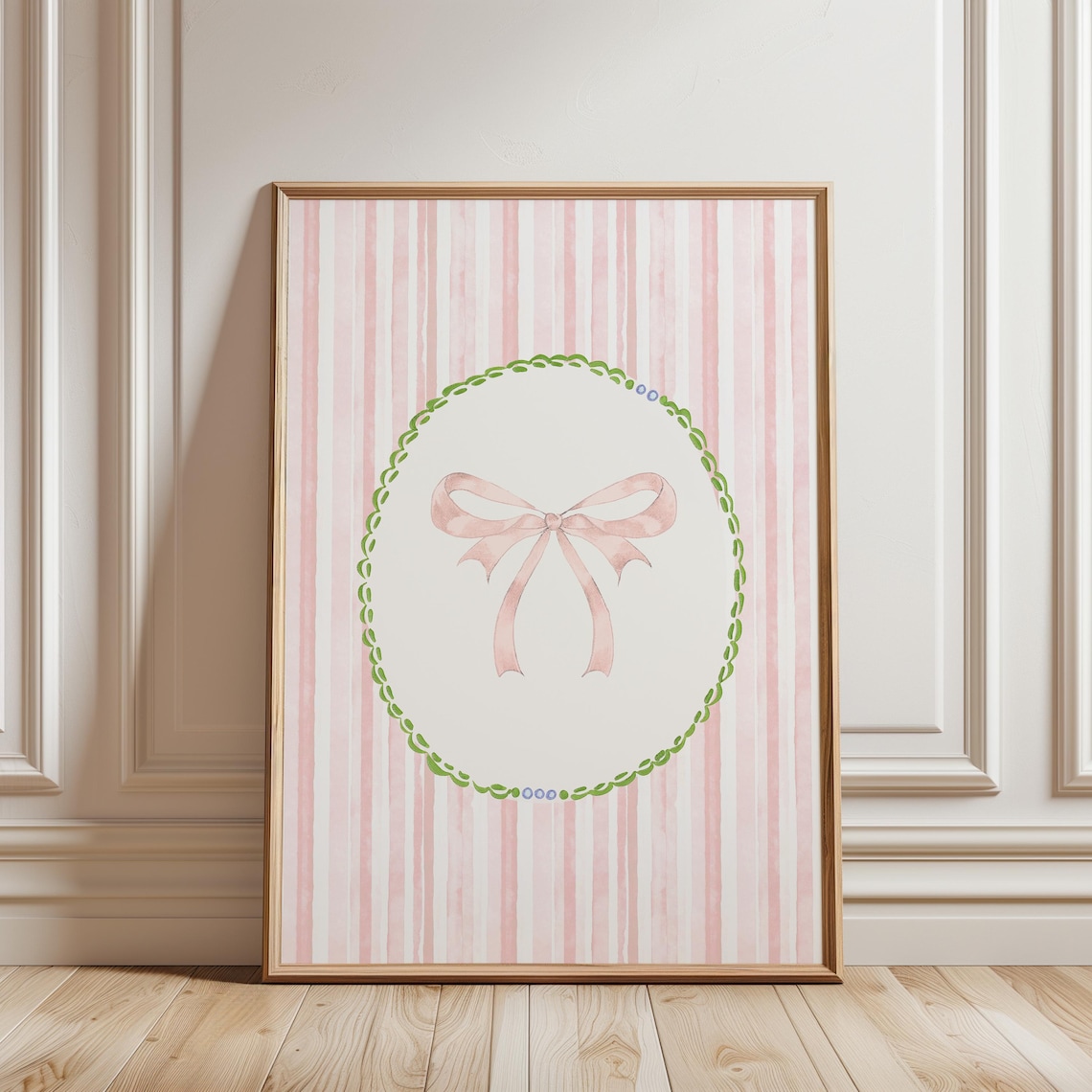 Pink Ribbon Bow Green Scallop Oval Striped Coquette Nursery Poster