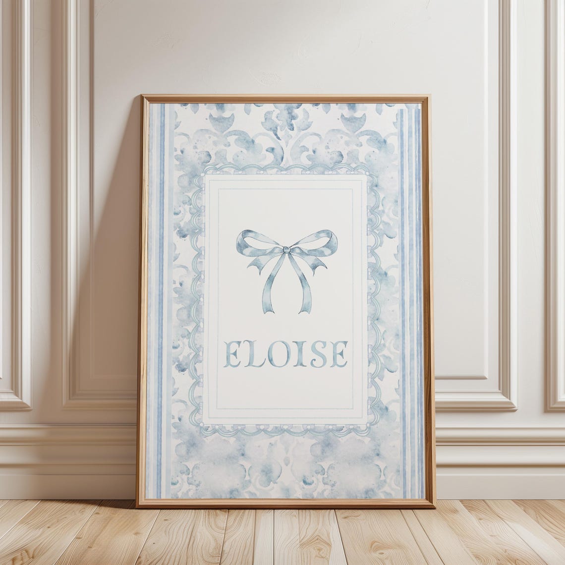 Eloise Personalized Name Blue Bow Watercolor Nursery Wall Art