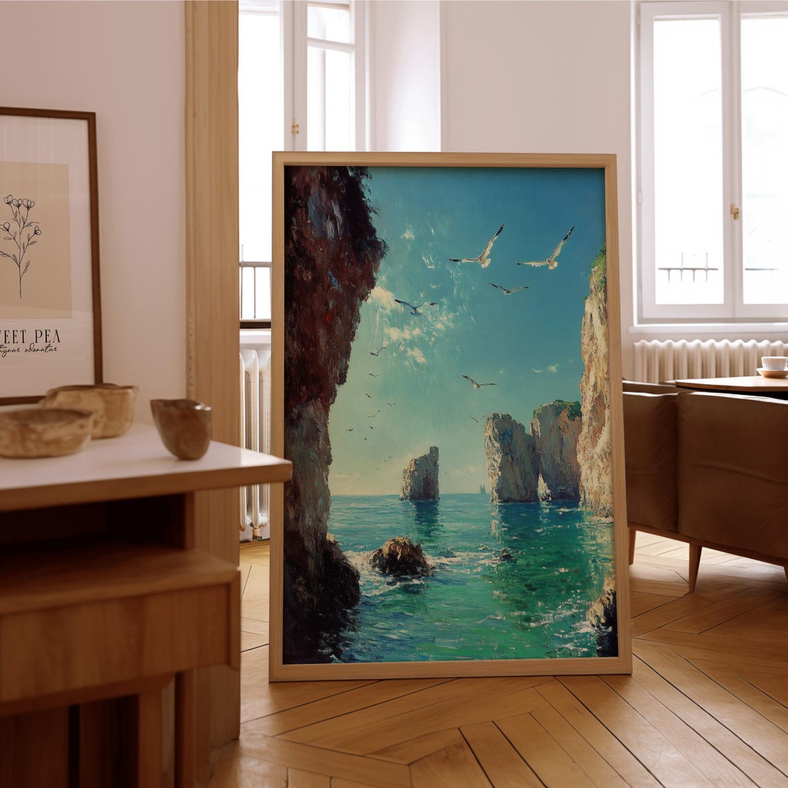 Seagulls Soaring Rocky Coastline Turquoise Seascape Painting Print