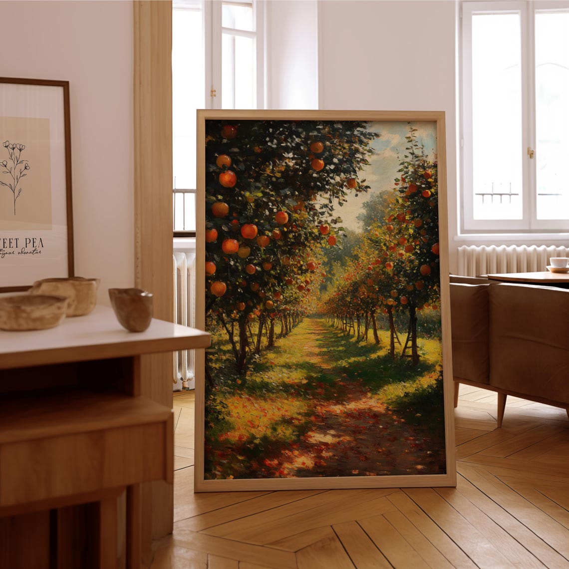 Sunlit Orchard Path Fruit Trees Impressionist Oil Painting Wall Art