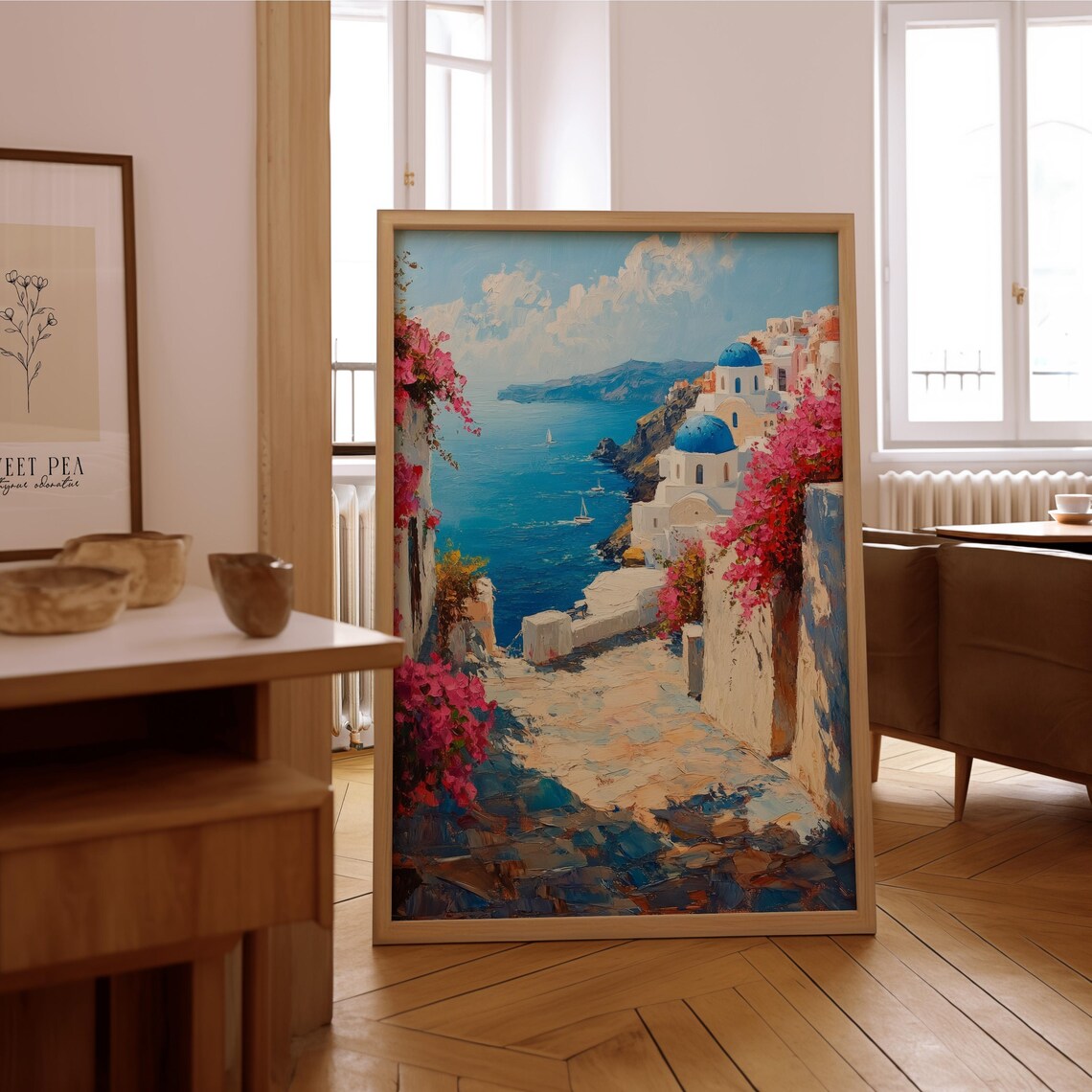 Santorini Alley with Bougainvillea Blue Domes Sea View Poster