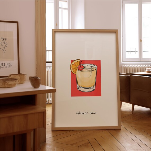 Whiskey Sour Cocktail Hand Drawn Bar Illustration Red Wall Poster