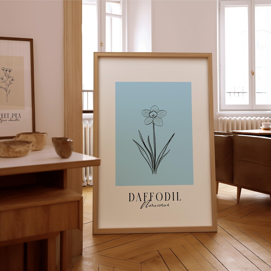 Daffodil Line Art Print Soft Blue Minimalist Floral Decor Framed Or Unframed Poster Gift For Plant Nature Lovers