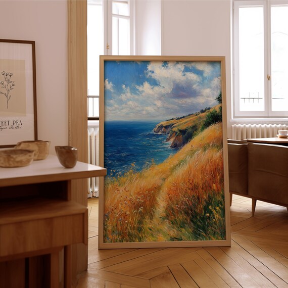 Golden Coastal Cliffs Blue Sea Impressionist Painting Poster