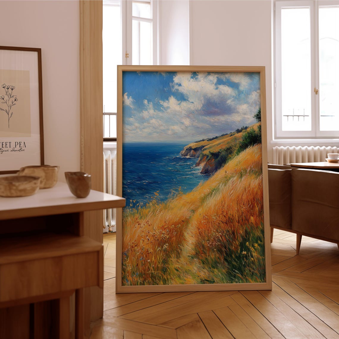 Golden Coastal Cliffs Blue Sea Impressionist Painting Poster
