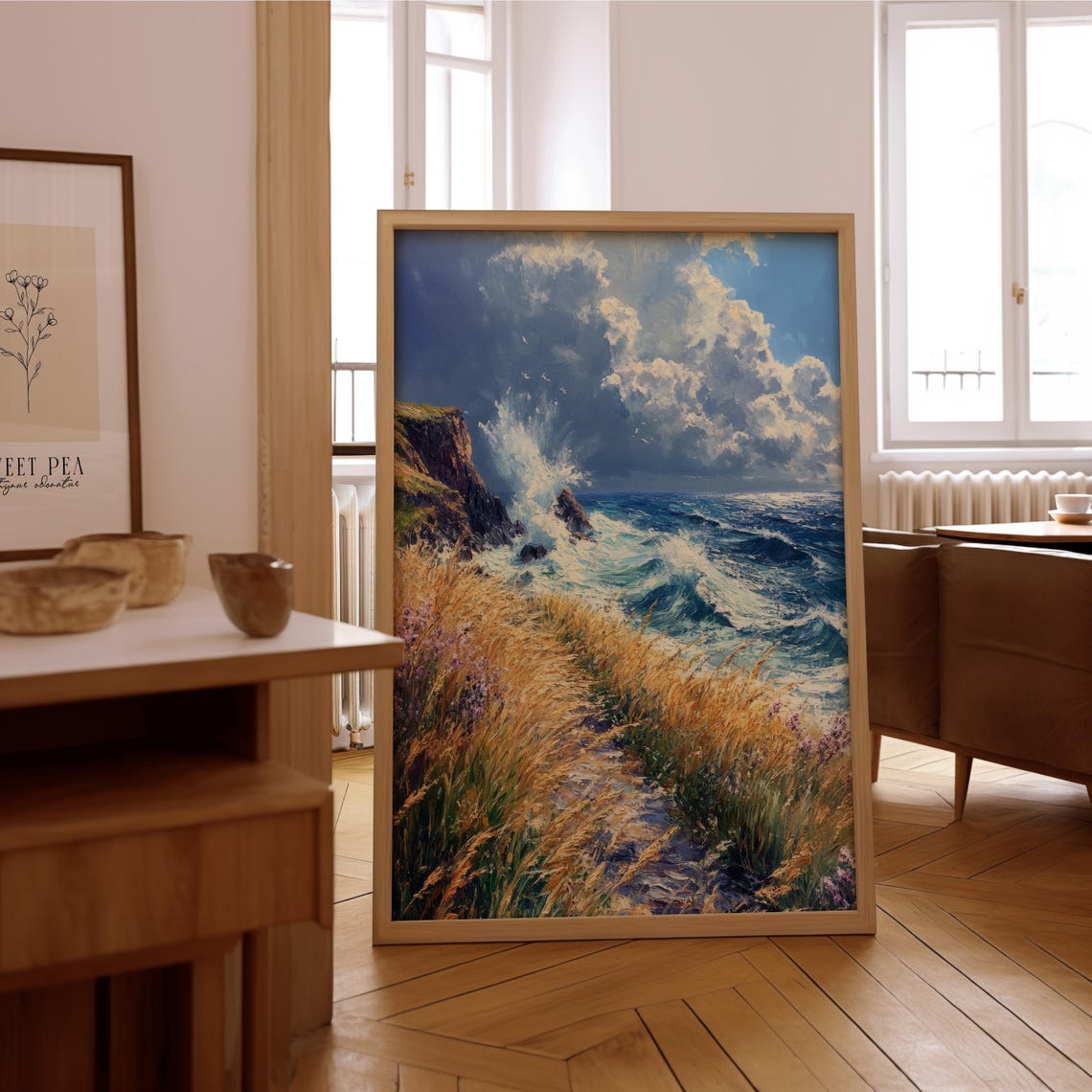 Waves Crashing Rocky Cliffs Golden Grass Impressionist Art Poster