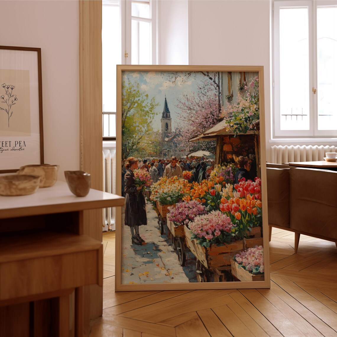 European Flower Market Tulip Stalls Vintage Oil Painting Print