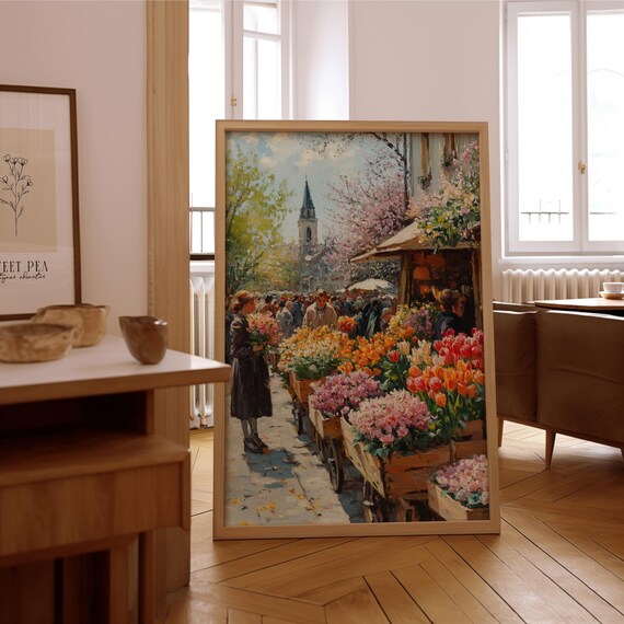 European Flower Market Tulip Stalls Vintage Oil Painting Print