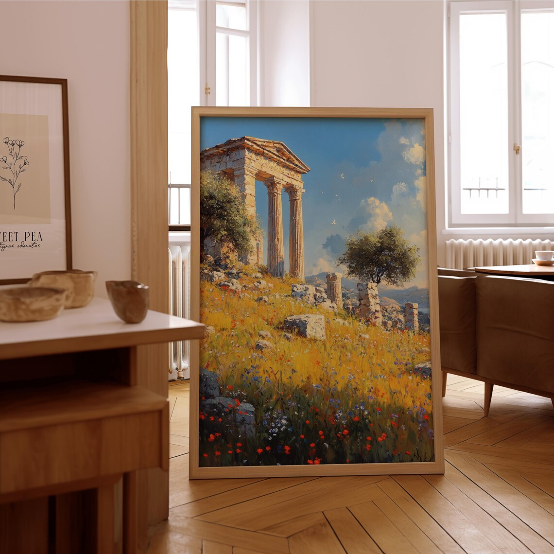 Ancient Greek Temple Ruins Wildflowers Sunny Painting Poster