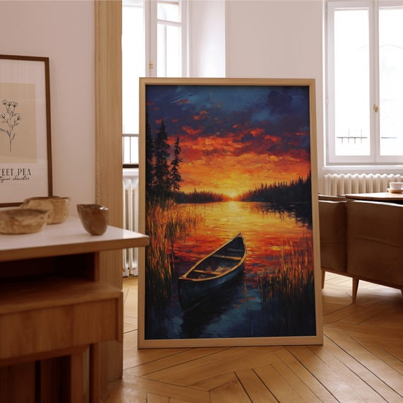 Impressionist Sunset Canoe Wall Art Vintage Oil Painting Print Framed Or Unframed Poster Timeless Home Office Dcor