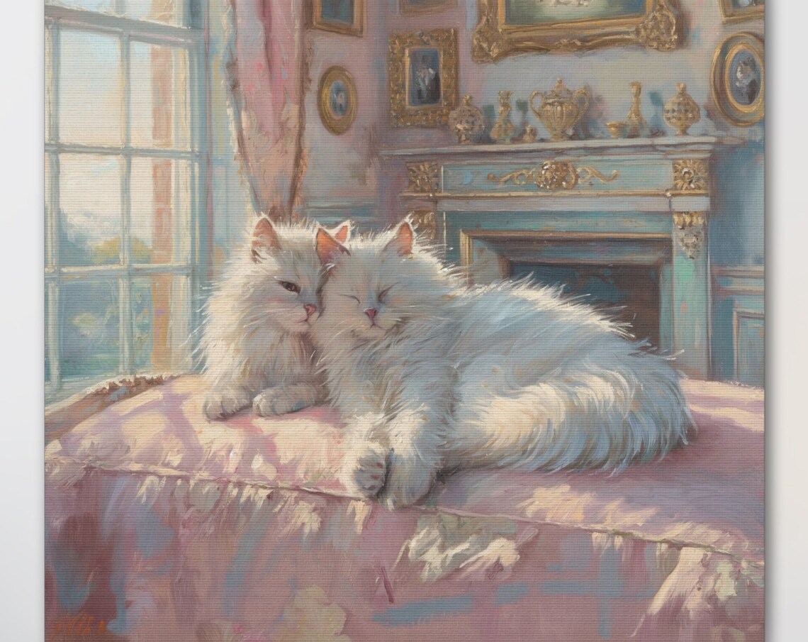 Two Cuddling White Cats on a Pink Cushion by the Fire Poster