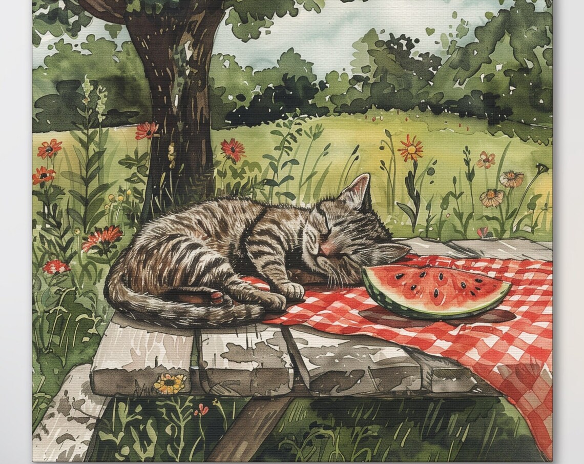 Tabby Cat Napping on Picnic Table With Watermelon Summer Poster