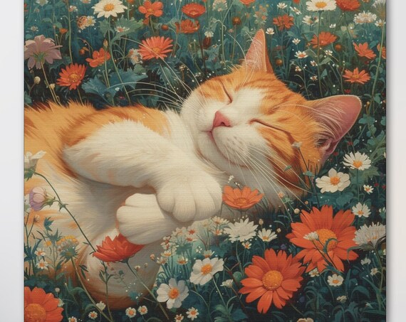 Orange and White Cat Smiling in an Orange Flower Field Poster