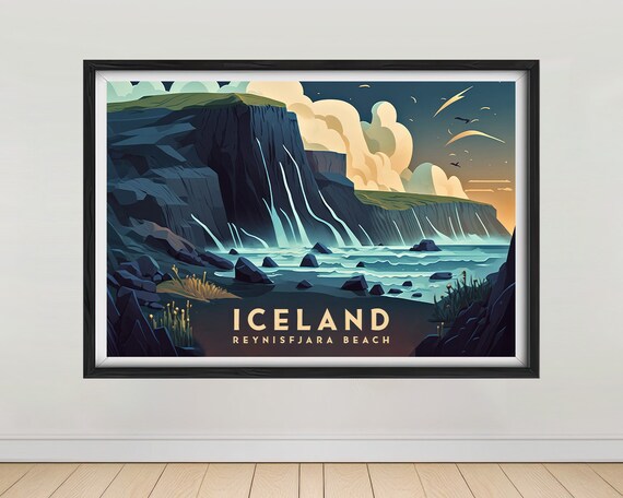 Iceland Reynisfjara Beach Basalt Cliffs Vintage Travel Poster