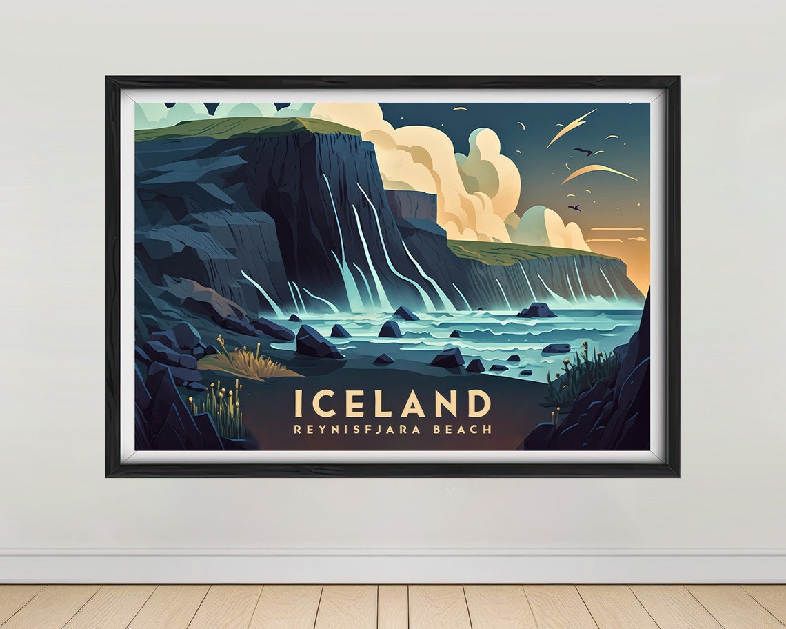 Iceland Reynisfjara Beach Travel Poster Reynisfjara Beach Wall Art Print Iceland Painting Iceland Illustration Iceland Watercolor
