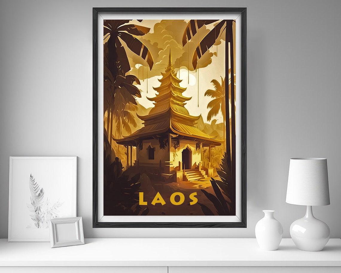 Laos Golden Pagoda Temple Jungle Palms Sepia Vintage Travel Poster - Image 4