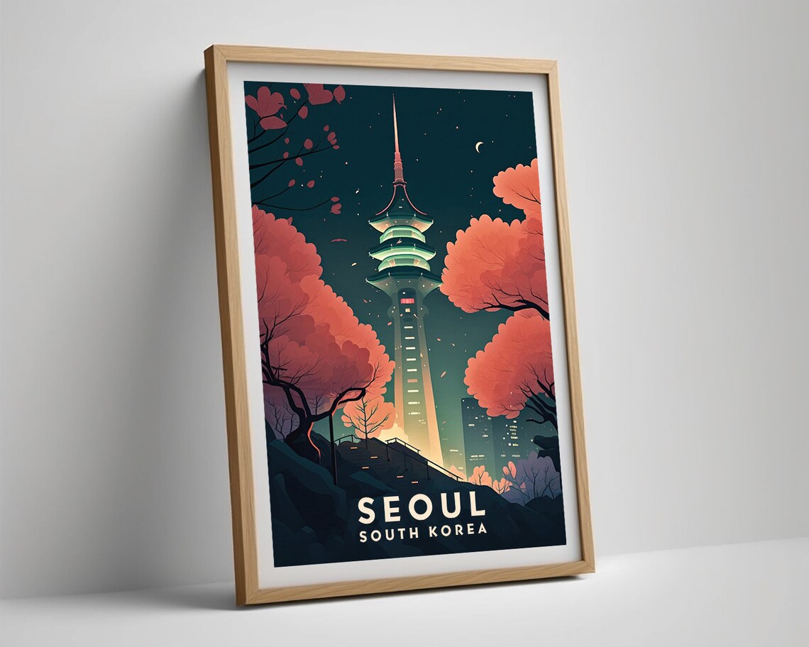 Seoul South Korea City Night Tower Cherry Blossom Travel Poster - Image 5