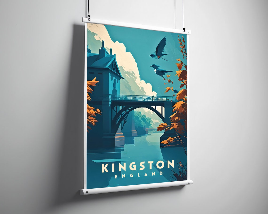 Kingston England River Bridge Autumn Birds Retro Travel Poster - Image 3