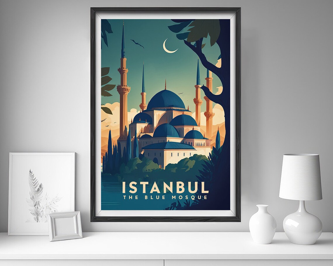 Istanbul Blue Mosque Vintage Travel Poster Moonlit Skyline Art - Image 4