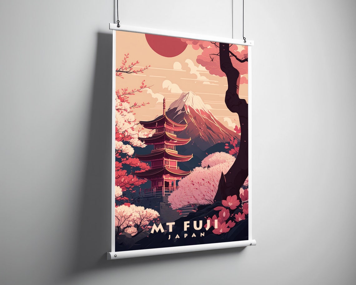 Mt Fuji Japan Cherry Blossom Pagoda Sunrise Retro Travel Poster - Image 3