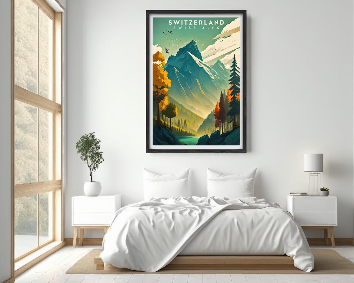 Swiss Alps Switzerland Travel Poster Swiss Alps Wall Art Print Swiss Alps Painting Illustration Switzerland Swiss Alps Home Decor - Image 2