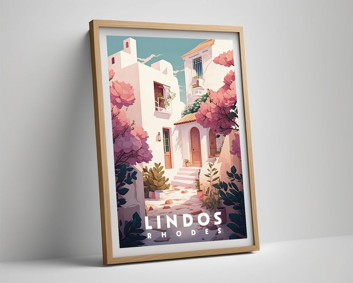 Lindos Rhodes Whitewashed Alley Pink Bougainvillea Travel Poster - Image 4