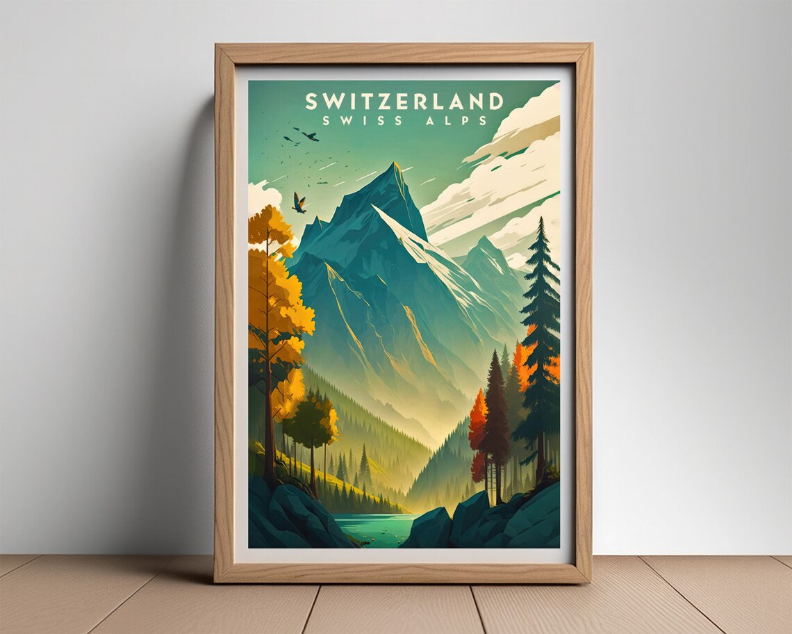 Swiss Alps Switzerland Mountain Lake Autumn Vintage Travel Poster - Image 5
