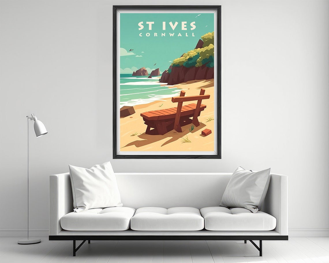 St Ives Cornwall Vintage Travel Poster Beach Bench Sea View Art - Image 2