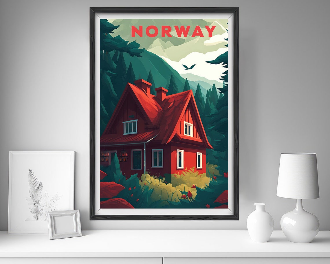 Norway Red Cabin Pine Forest Nordic Mountain Vintage Travel Poster - Image 4