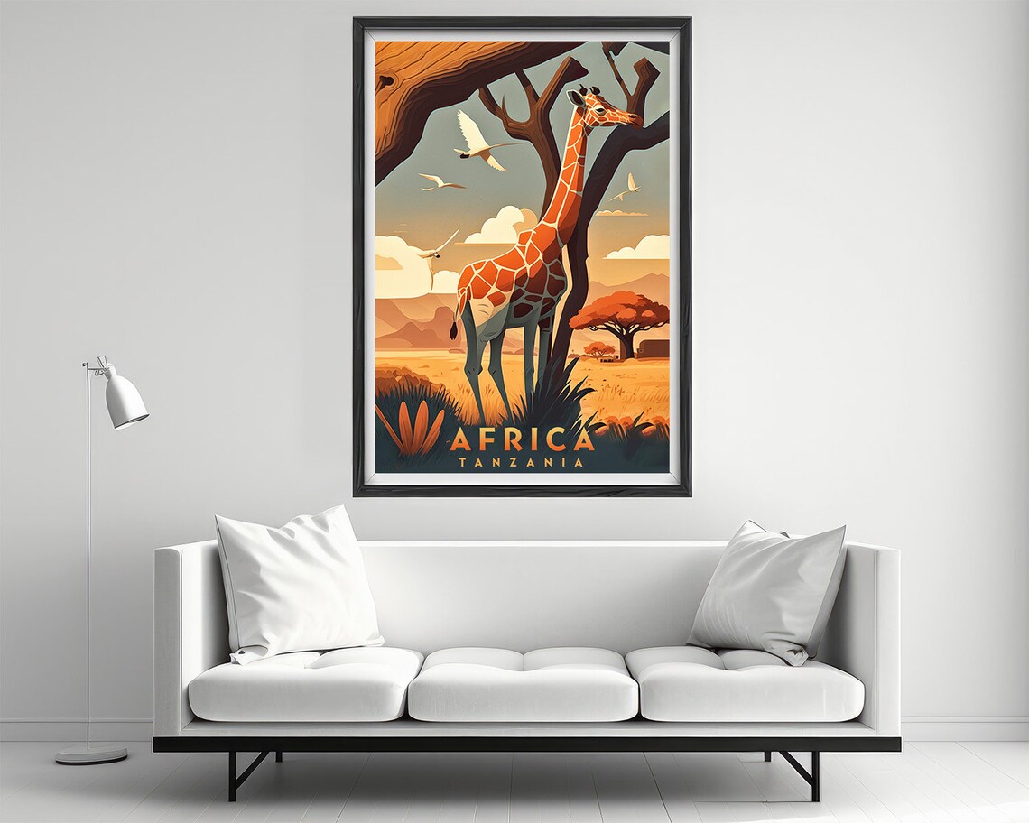 Tanzania Africa Safari Giraffe Acacia Savanna Vintage Travel Poster - Image 2