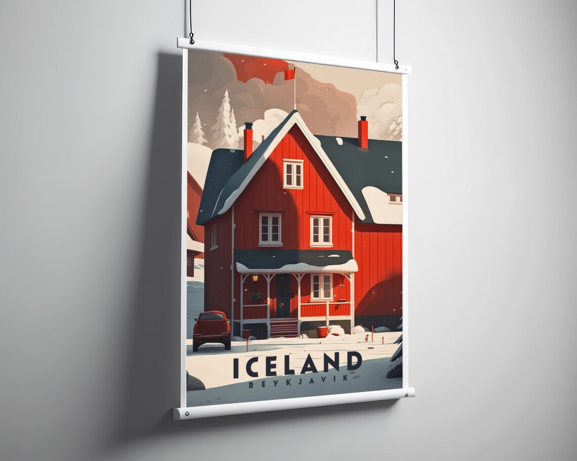 Iceland Reykjavik Snowy Red House Vintage Style Travel Poster - Image 3