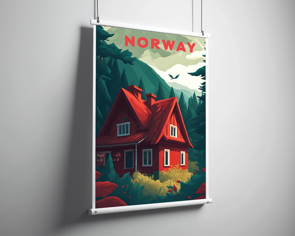 Norway Red Cabin Pine Forest Nordic Mountain Vintage Travel Poster - Image 3