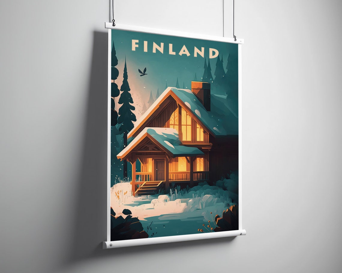 Finland Snowy Cabin Night Warm Windows Vintage Winter Travel Poster - Image 3