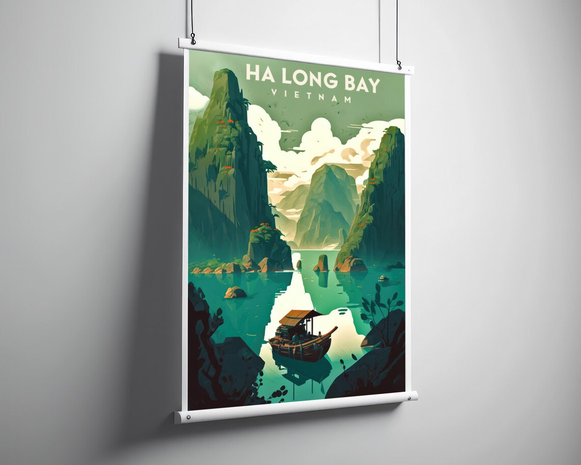 Ha Long Bay Vietnam Vintage Travel Poster Karst Islands Boat - Image 3