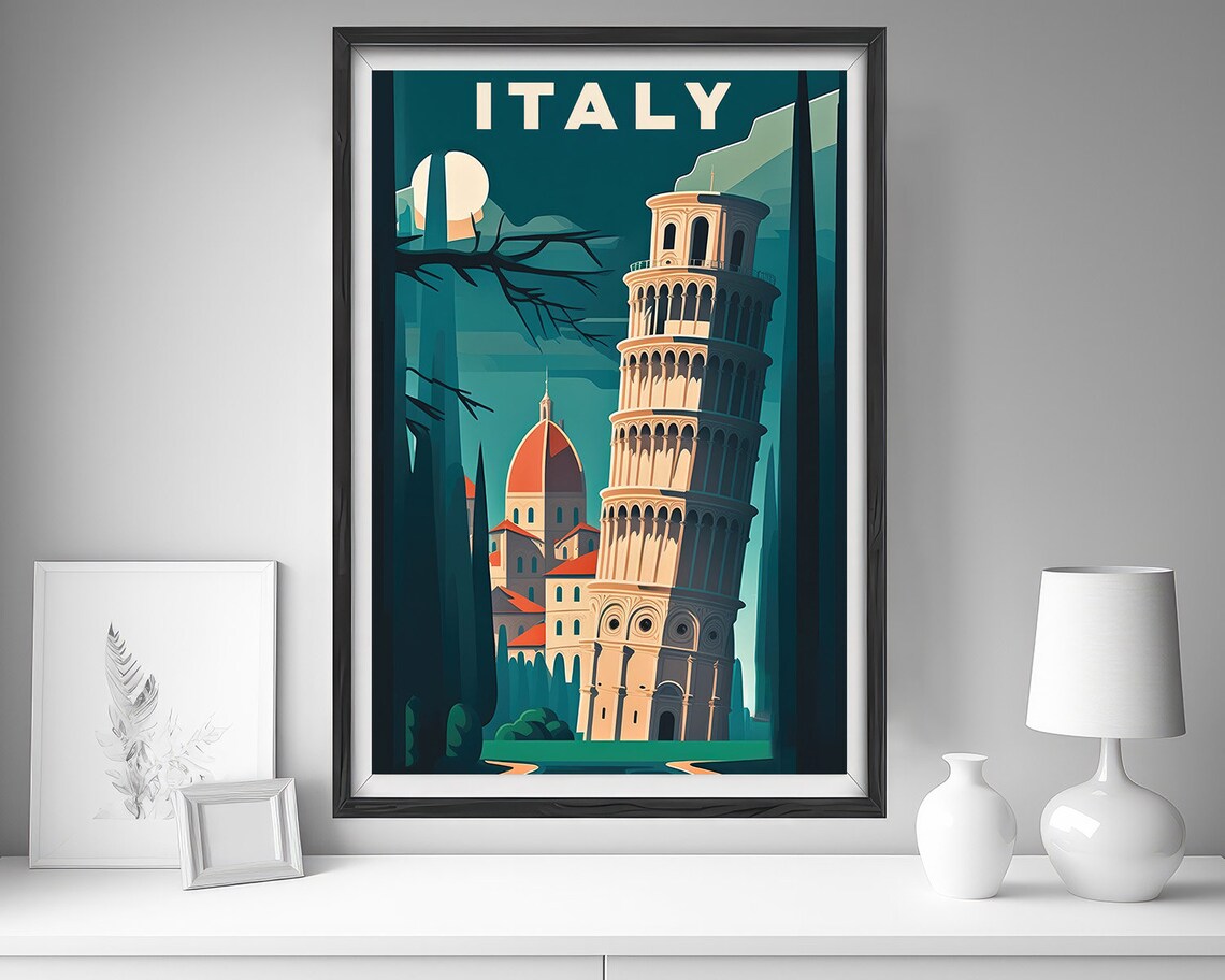 Italy Leaning Tower of Pisa Moonlit Night Skyline Travel Poster - Image 4