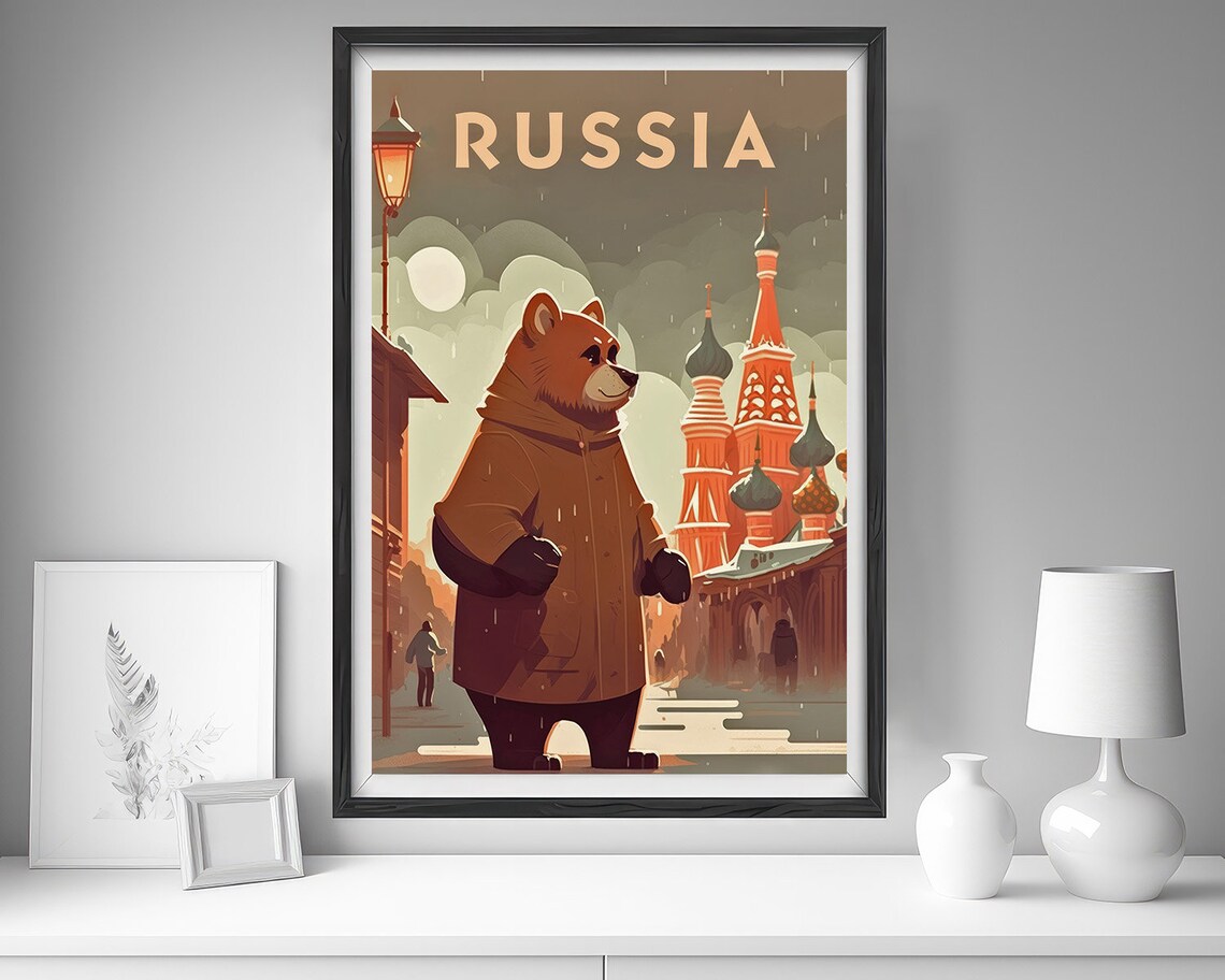 Russia Bear Cartoon St Basils Moscow Cute Snowy Winter Poster - Image 4