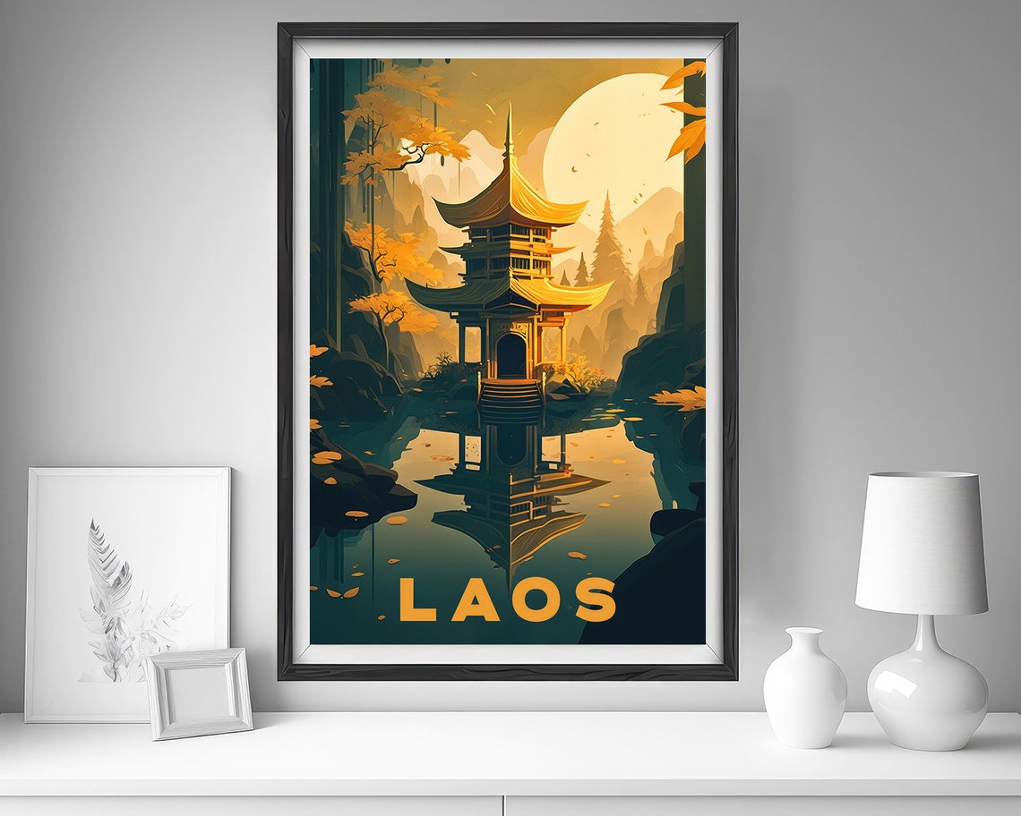 Laos Golden Pagoda Reflecting Lake Sunset Retro Travel Poster - Image 4