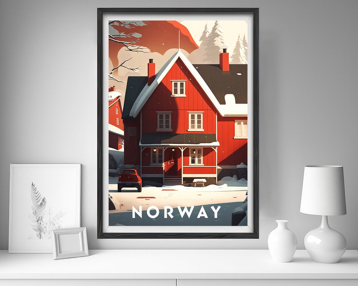 Norway Red Snowy Cabin Winter Landscape Vintage Travel Poster - Image 4