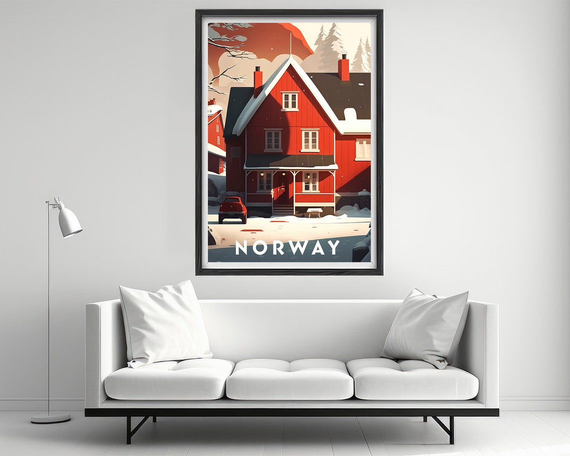 Norway Red Snowy Cabin Winter Landscape Vintage Travel Poster - Image 2