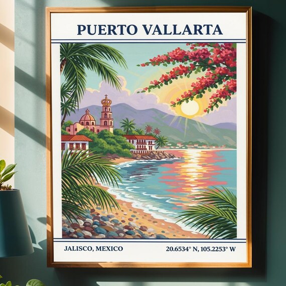 Puerto Vallarta Mexico Beach Sunset Palm Church Travel Poster