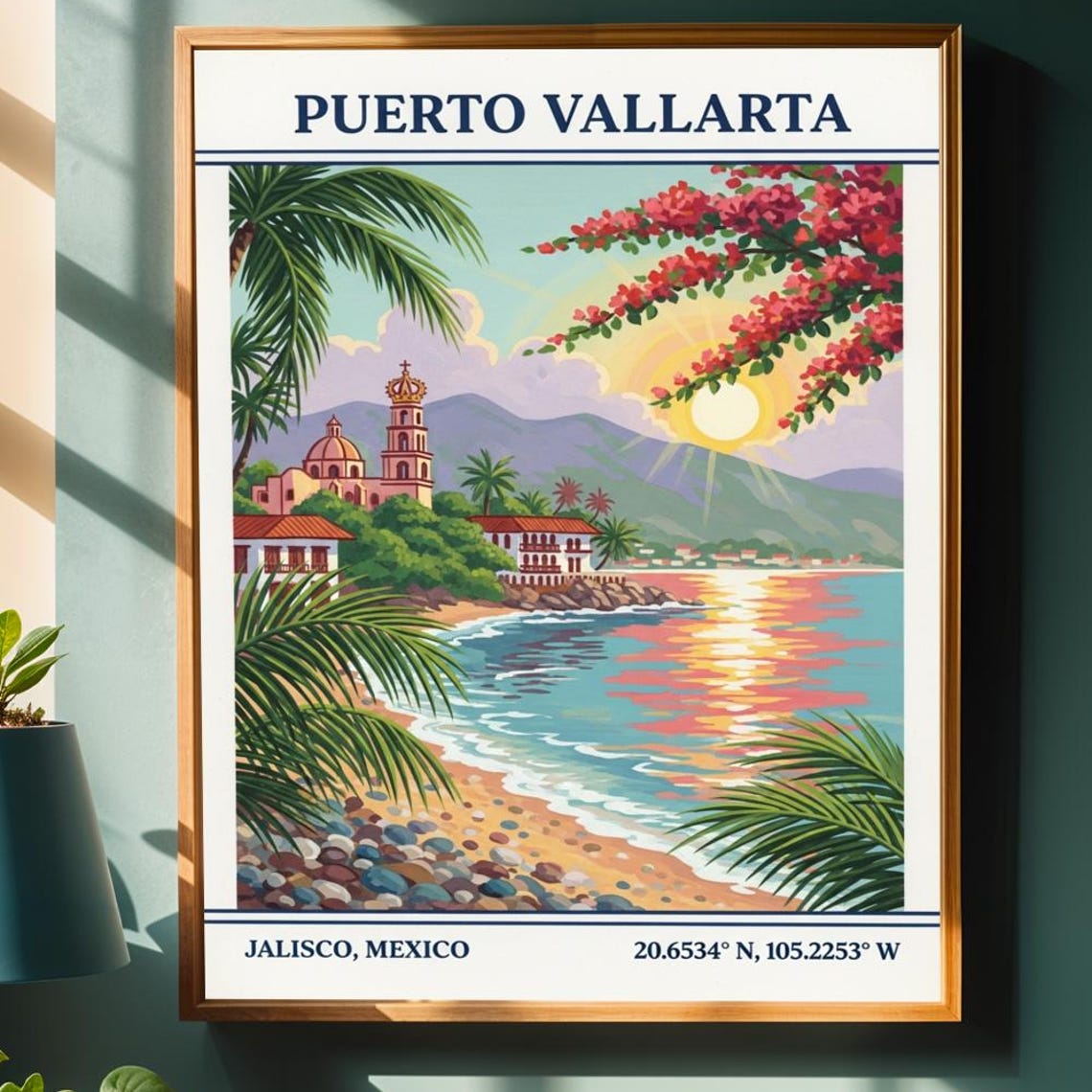 Puerto Vallarta Mexico Beach Sunset Palm Church Travel Poster