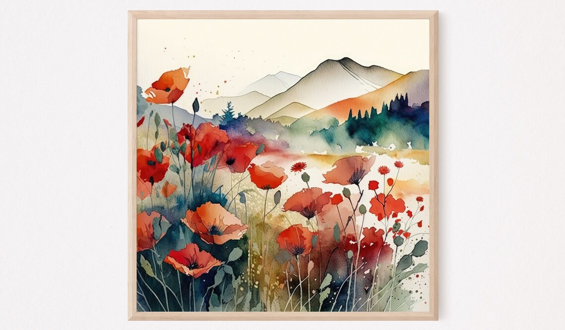 Poppy Field Art Print, Mountain Landscape Watercolor