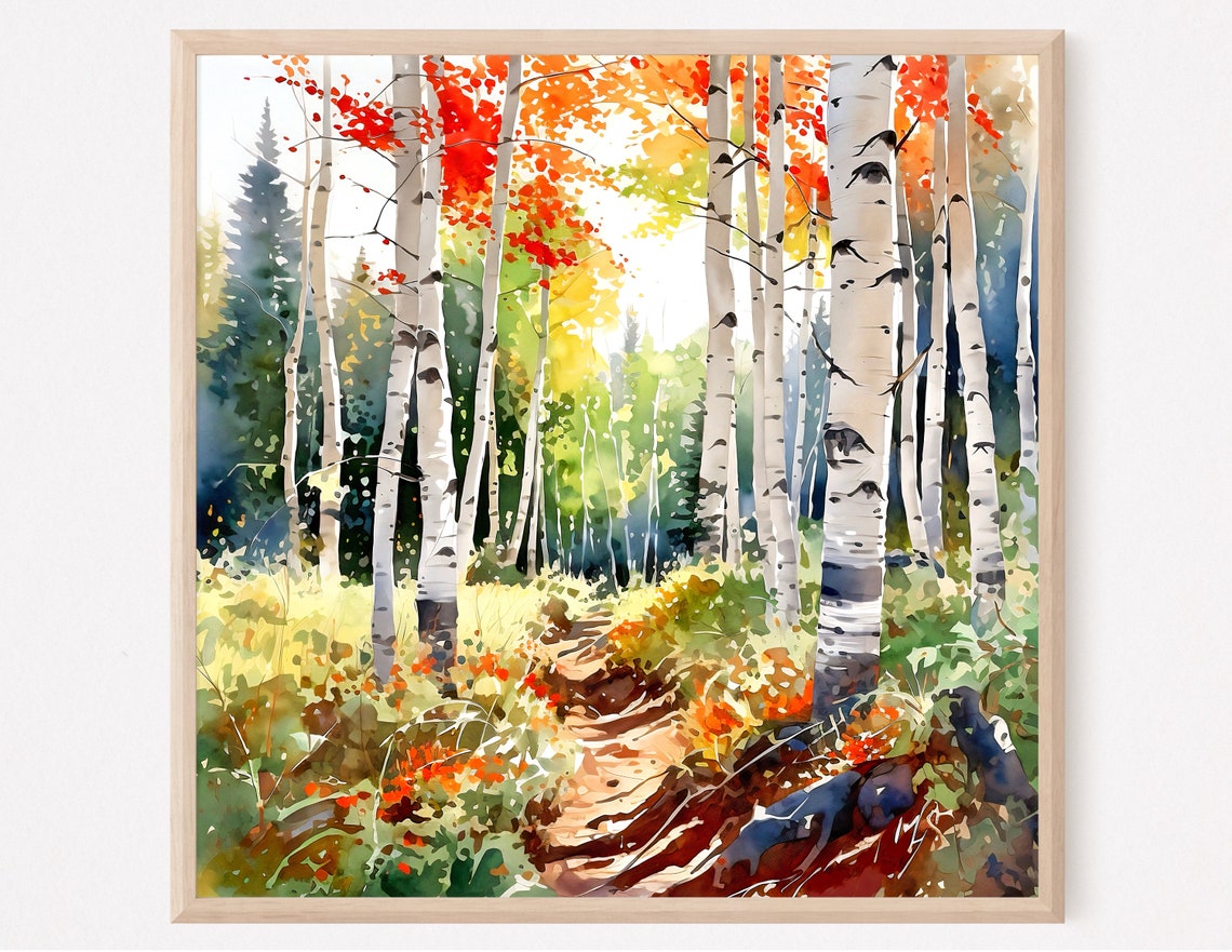 Aspen Birch Forest in Autumn Watercolor Woodland Path Art Print